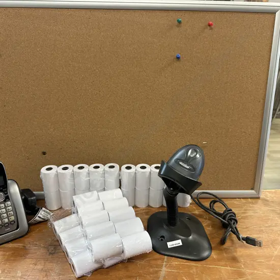 Eftpos Rolls, Uniden Phone, Symbol Scanner & Holder, Notice Board